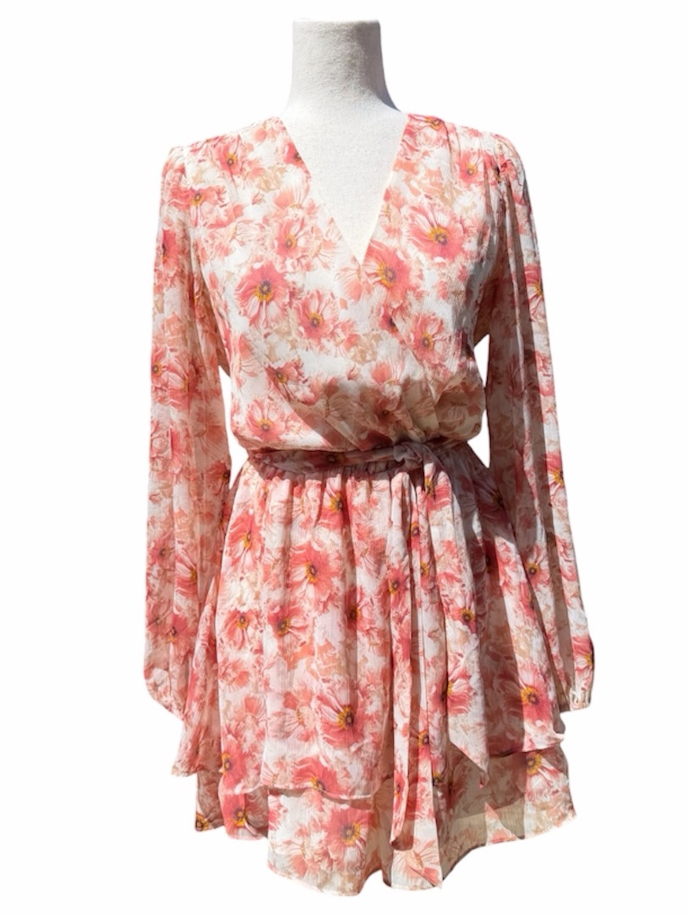 Express Floral Pink Peach Long Sleeve Faux Wrap Romper Belted Fluttery M